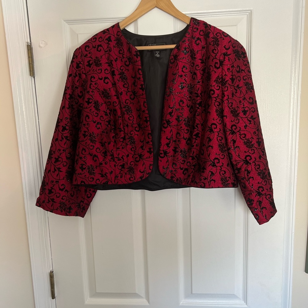 Collection Dressbarn Women's Size 18 Red w/Black Swirl Open Blazer Jacket
